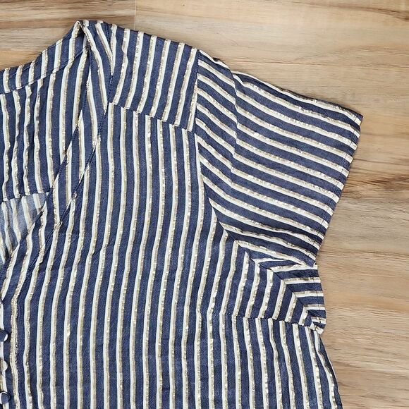 🔺️Torrid Blue, White, Metallic Gold Luxe Striped Buttoned Vneck Blouse 3X - Picture 7 of 14